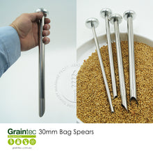 Load image into Gallery viewer, Grain sampling tool for bags: Hand holding 300mm stainless steel bag spear, beside four spears and wheat. High-precision agricultural testing equipment from Graintec Scientific.