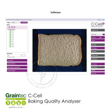 Load image into Gallery viewer, C-Cell software interface (Version 3.4.5) displaying a batch analysis of white bread slices, featuring automated image capture, crumb data processing, and quality reporting tools | Graintec Scientific
