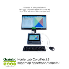 Load image into Gallery viewer, HunterLab ColorFlex L2 set up as a standalone workstation with a monitor, keyboard, and sample dish | Graintec Sc ientific