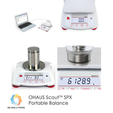 Load image into Gallery viewer, Ideal for laboratory and industrial applications, the OHAUS Scout SPX Portable Balance comes in a slim, stackable design with large backlit LCD.