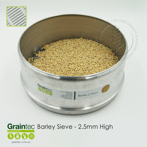 Barley Sieve Stack - Retention (top) sieve: 2.50mm x 25.4mm slotted, high-sided. Available from Graintec Scientific | www.graintec.com.au