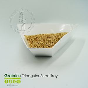 White Triangular Grain Tray: Static resistant plastic, durable plastic construction and tapered pour spout