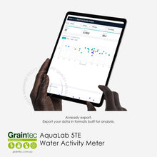 Load image into Gallery viewer, Tablet screen showing AI-ready exported data analytics from the AquaLab 5TE for dried fruit water activity and sensory quality score correlation | Graintec Scientific
