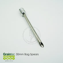 Load image into Gallery viewer, Close-up of stacked 300mm bag spears for grain, coffee beans, and small seeds. Designed for ease of use in agricultural settings. Available online from Graintec Scientific.
