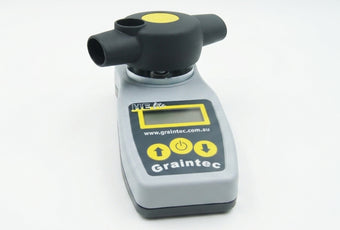Pfeuffer HE Lite grain moisture meter with Graintec branding, front view on a seamless white background.
