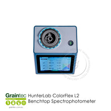 Load image into Gallery viewer, Top view of HunterLab ColorFlex L2 measurement port and LED light ring showing color test data on screen | Graintec Scientific
