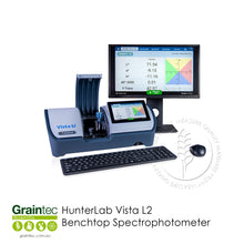 Load image into Gallery viewer, HunterLab Vista L2 spectrophotometer measuring colour and haze with an external monitor displaying L* a* b* and Y Trans values for quality control | Graintec Scientific
