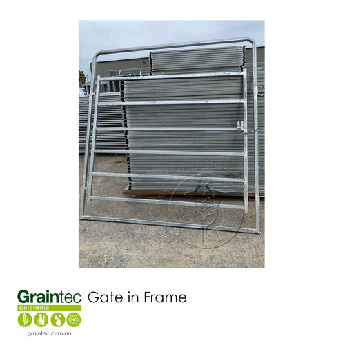 Gate in Frame with 40 x 40 mm galvanised steel RHS rails, ready for installation on a farm | Graintec Scientific