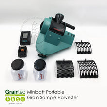 Load image into Gallery viewer, Minibatt Portable Grain Sample Harvester shown with its accessories on a white background, including two clear jars with black lids, three additional black mesh screens (fourthe mesh inside the unit), a black battery charger, and the main teal-green portable harvester unit. Text at the bottom reads 'Graintec Minibatt Portable Grain Sample Harvester'.
