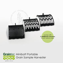 Load image into Gallery viewer, Three additional black plastic grain sample concaves of the Minibatt harvester, displayed on a light gray background with Graintec Scientific branding.
