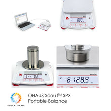 Load image into Gallery viewer, Ideal for laboratory and industrial applications, the OHAUS Scout SPX Portable Balance comes in a slim, stackable design with large backlit LCD.
