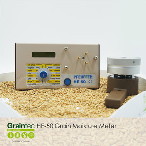 Pfeuffer HE50 Grain Moisture Meter - Includes calibration settings for soft wheat, hard wheat, barley, sorghum, oats, corn, canola, beans, sunflowers, peas, safflower, triticale, wet wheat and soy beans | graintec.com.au