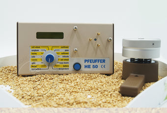 Pfeuffer HE50 Grain Moisture Meter - Includes calibration settings for soft wheat, hard wheat, barley, sorghum, oats, corn, canola, beans, sunflowers, peas, safflower, triticale, wet wheat and soy beans | graintec.com.au