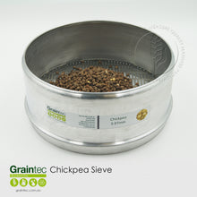 Load image into Gallery viewer, Desi Chickpea Commodity Sieve: Manufactured to Grain Trade Australia specifications. Slot size 3.97mm x 25mm. 300mm diameter sieve, high-sided.
