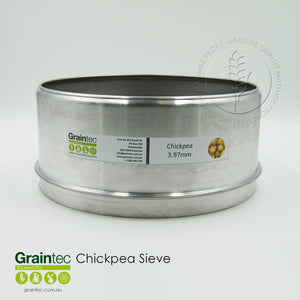 Desi Chickpea Commodity Sieve: Manufactured to Grain Trade Australia specifications. Slot size 3.97mm x 25mm. 300mm diameter sieve, high-sided.