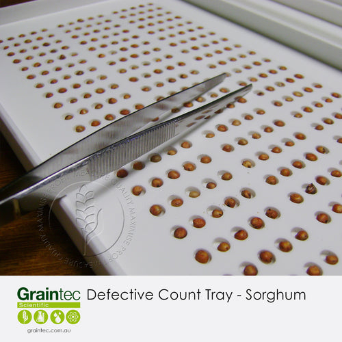 The tray has 300 grain slots (specific for sorghum) and comes with a pair of tweezers to enable the user to easily scan the tray for particular defects as stated by the receival standards. Available at Graintec Scientific | www.graintec.com.au