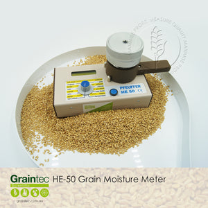 Pfeuffer HE50 Grain Moisture Meter - Includes calibration settings for soft wheat, hard wheat, barley, sorghum, oats, corn, canola, beans, sunflowers, peas, safflower, triticale, wet wheat and soy beans  | graintec.com.au