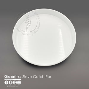 White sieve catch pan, 300mm diameter. Suitable for commodity sieves (e.g. wheat, barley, etc). Available from Graintec Scientific | www.graintec.com.au