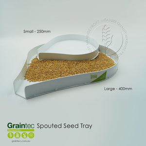 400mm Spouted Grain Tray: White powder coating, 400mm diameter, spouted design for easy pouring
