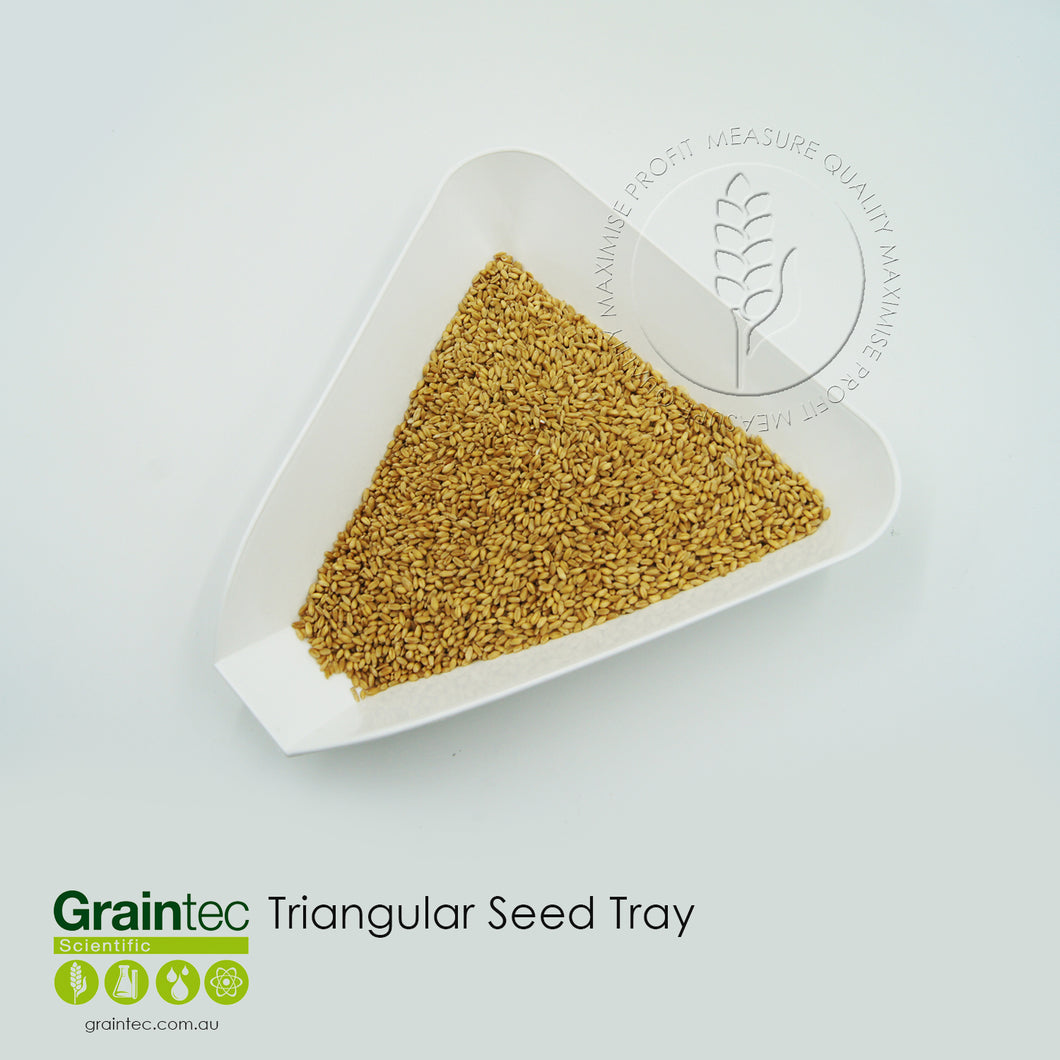Classic white triangular seed and grain tray for sampling and grain testing. Available at Graintec Scientific | www.graintec.com.au